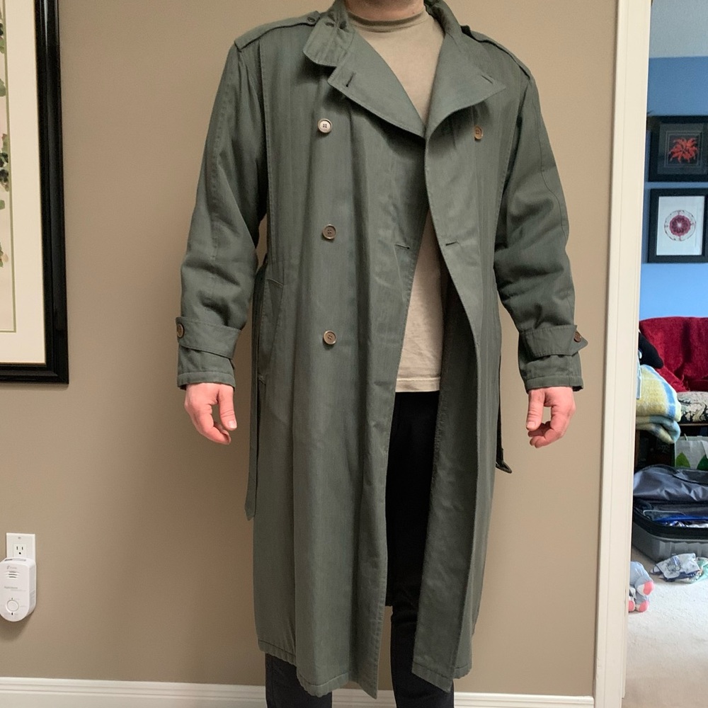Vintage Italian Olive Green Cotton Herringbone Trench Coat Wool Lined